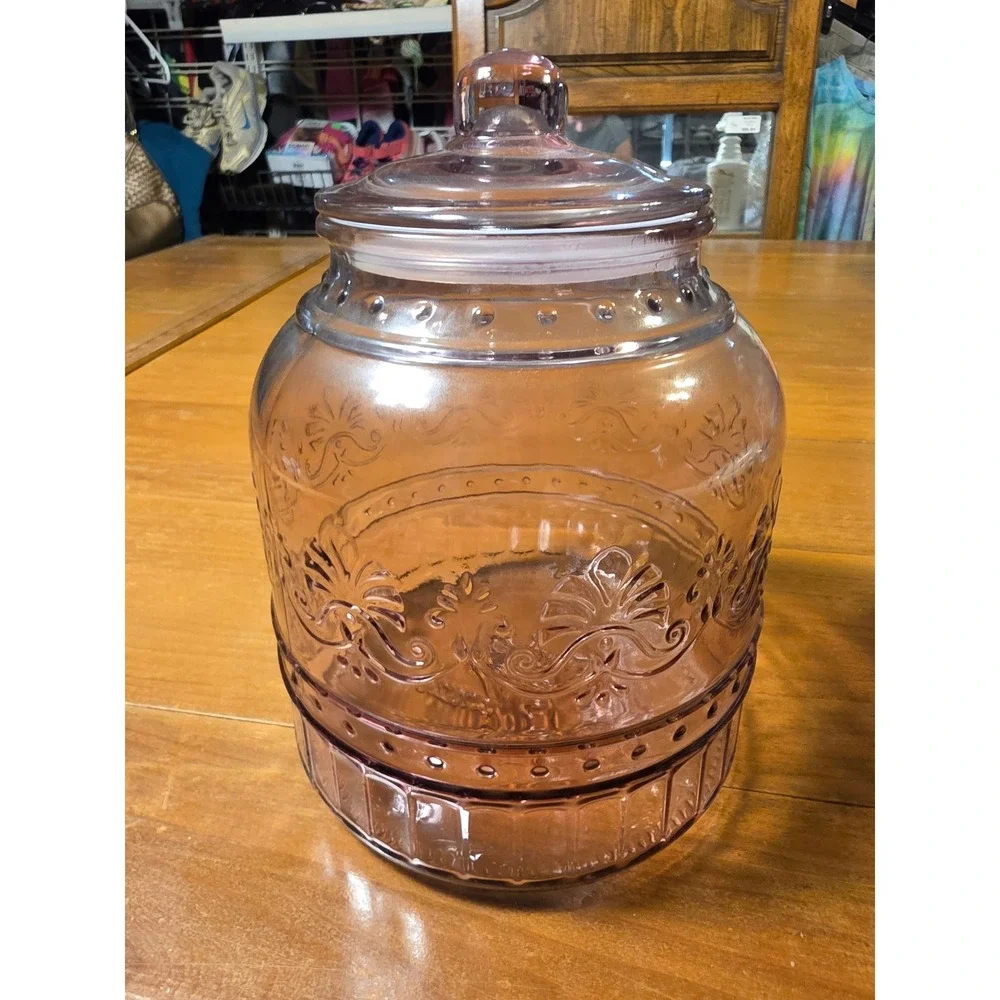 The Pioneer Woman Adeline Purple Glass Canister with Lid 8 inch Embossed Plum